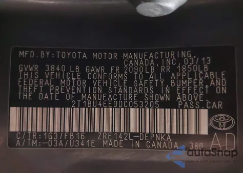 2013 Toyota Corolla Le z USA, uszkodzony, nr VIN 2T1BU4EE0DC053205